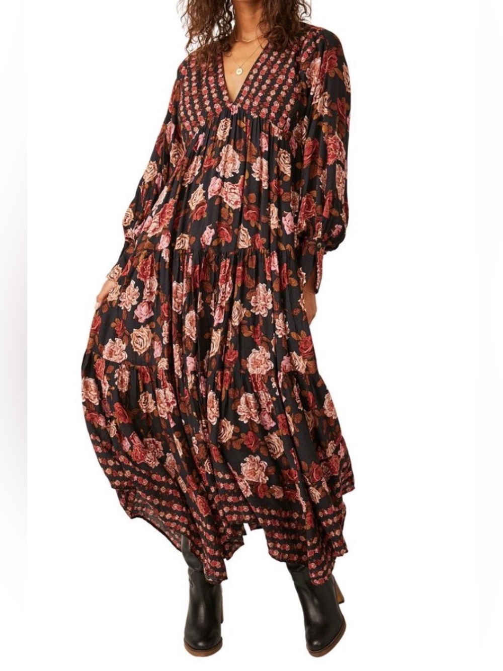 Free People Rows of Roses Women's Black Floral V-Neck Maxi Dress L - Picture 2 of 10